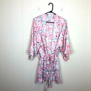 Floral Print Belted Satin Robe Sz S/M